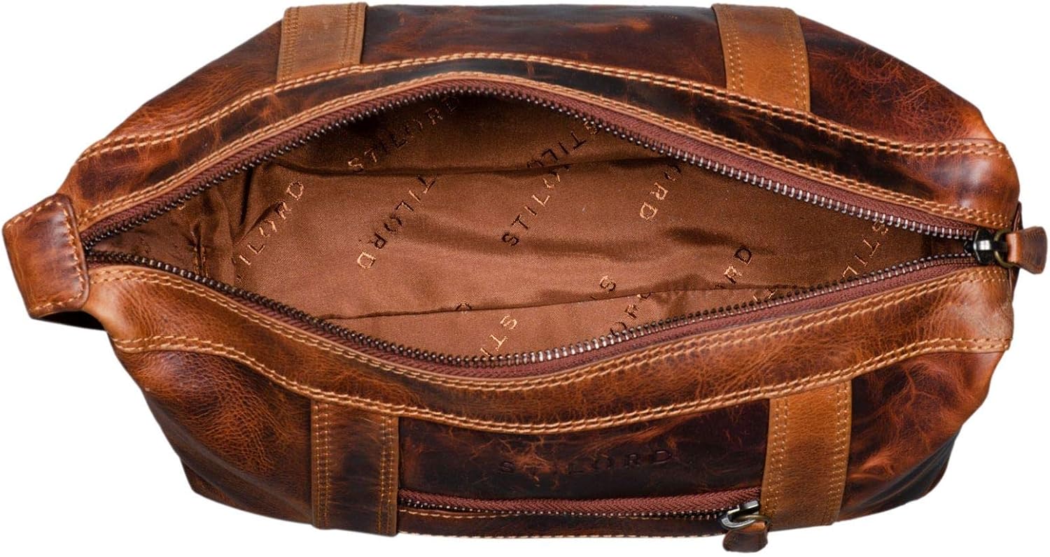 STILORD "Bruno" Men's Wash Bag Vintage Leather Travel Toilet Bag Toilet Kit with Wrist Strap 2 Compartments Overnight Wash Gym Bag Colour:Kara - Image 4