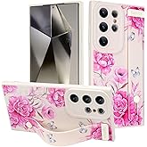 MOWIME for Samsung Galaxy S24 Ultra Case with Wrist Strap, Cute Flower Rose Butterfly Design Soft TPU Protective Case for Women Girls Slim Shockproof Cover with Adjustable Kickstand Holder - White