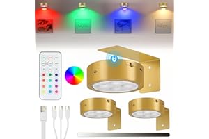 GLIGHONE 3Pcs Rechargeable Picture Lights,13 RGB Color Magnetic Led Wireless Art Display Light Battery Operated Wall Lights for Pictures with Remote Dimmable and Timer, for Picture Frame Paintings-RGB Gold
