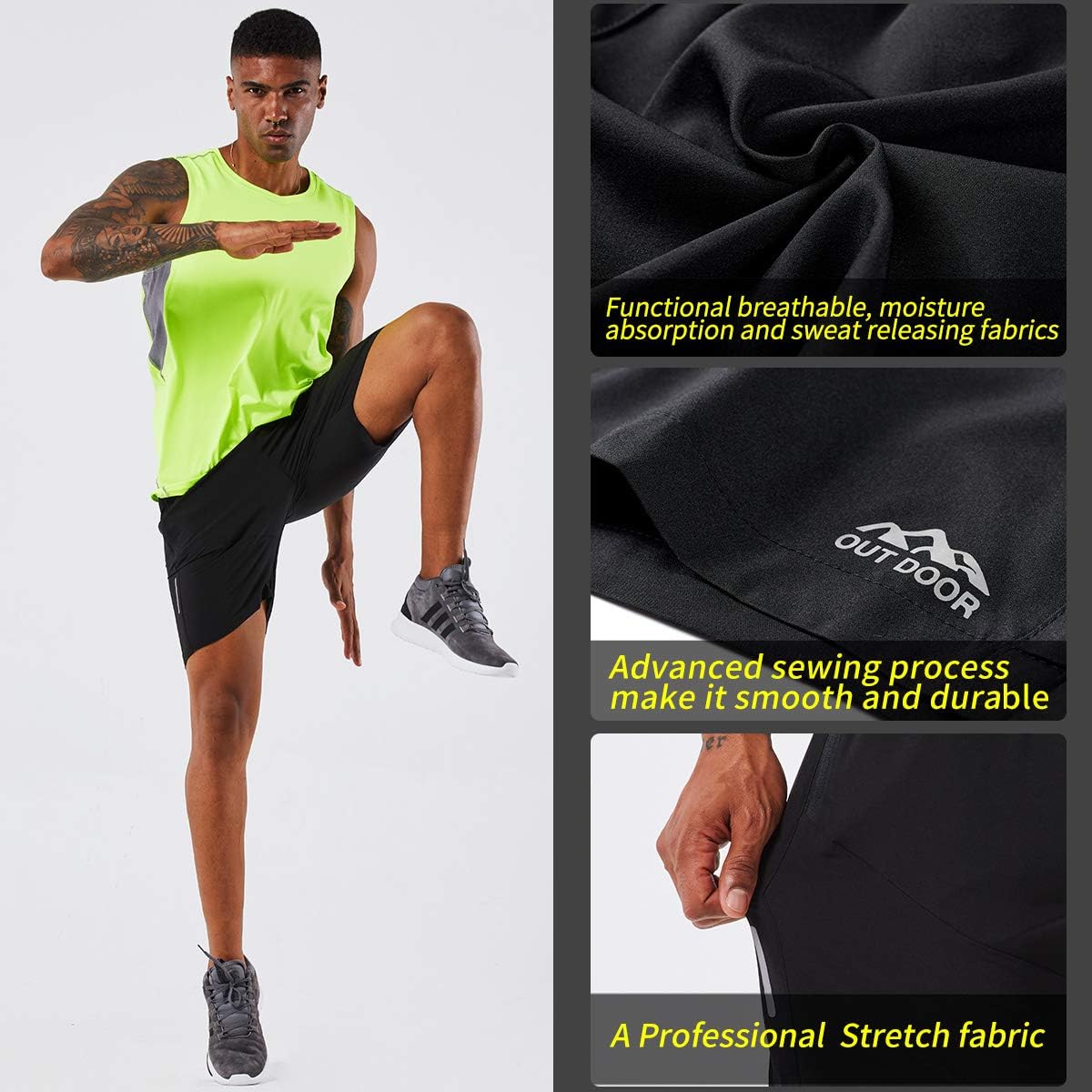 YAWHO Men's Workout Running Shorts Sports Fitness Gym Training Quick Dry Athletic Performance Shorts with Zip Pockets: Clothing