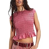 Smocked Tops for Women White Crewneck Cap Sleeve Top Tee Cotton Shirred Ruffle Crop Tank Tops Shirt