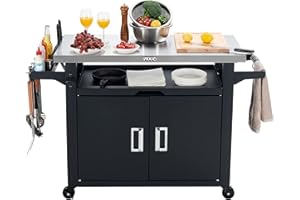 NUUK Pro 42-Inch Rolling Outdoor Kitchen Island and BBQ Serving Cart, with Heavy Duty Wooden Cutting Board and Propane Tank Holder