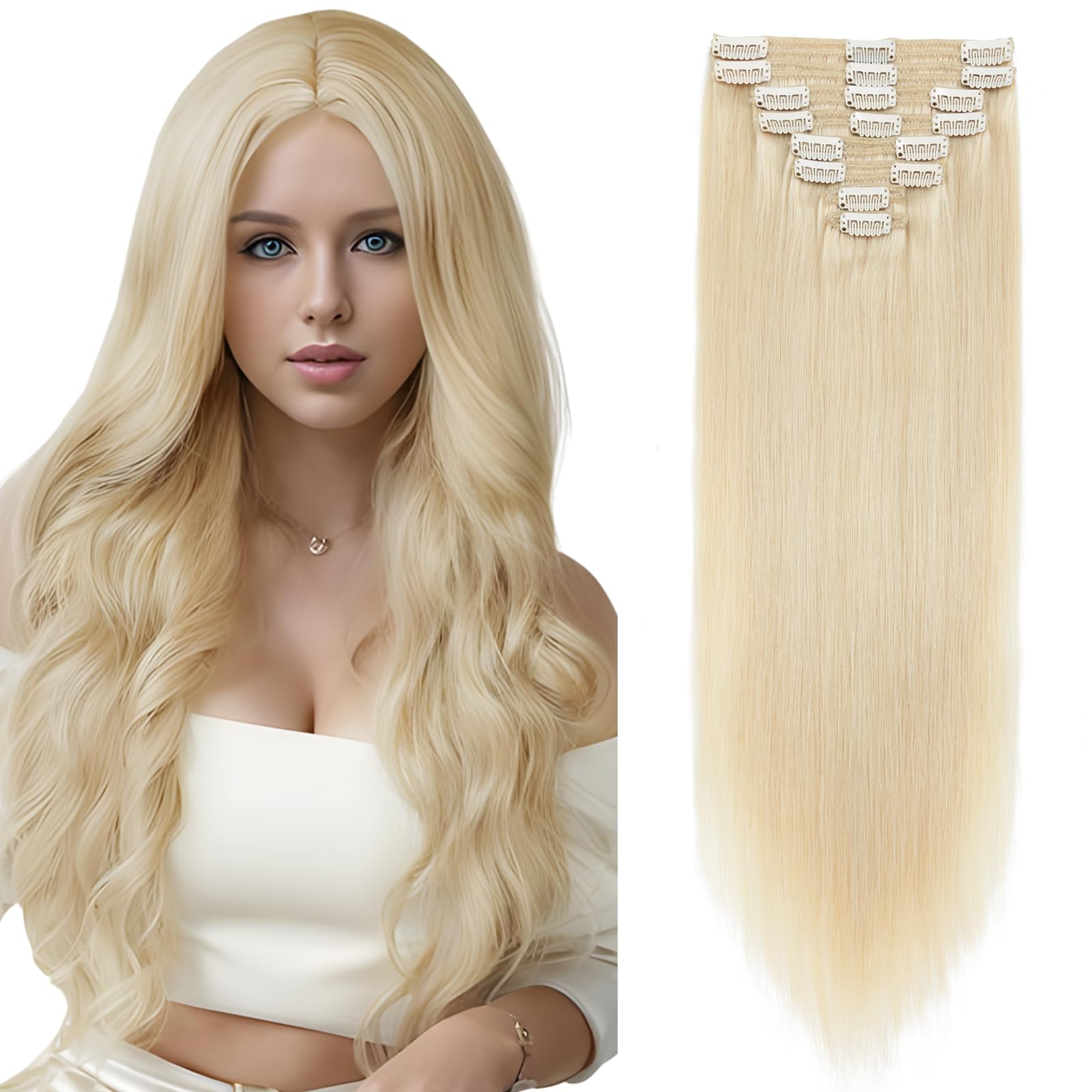 Elailite Blonde Clip in Hair Extensions Real Human Hair Double Weft Remy Hair Straight 8 Pieces Full Head - #60 Platinum Blonde - 16 Inch (130 g)