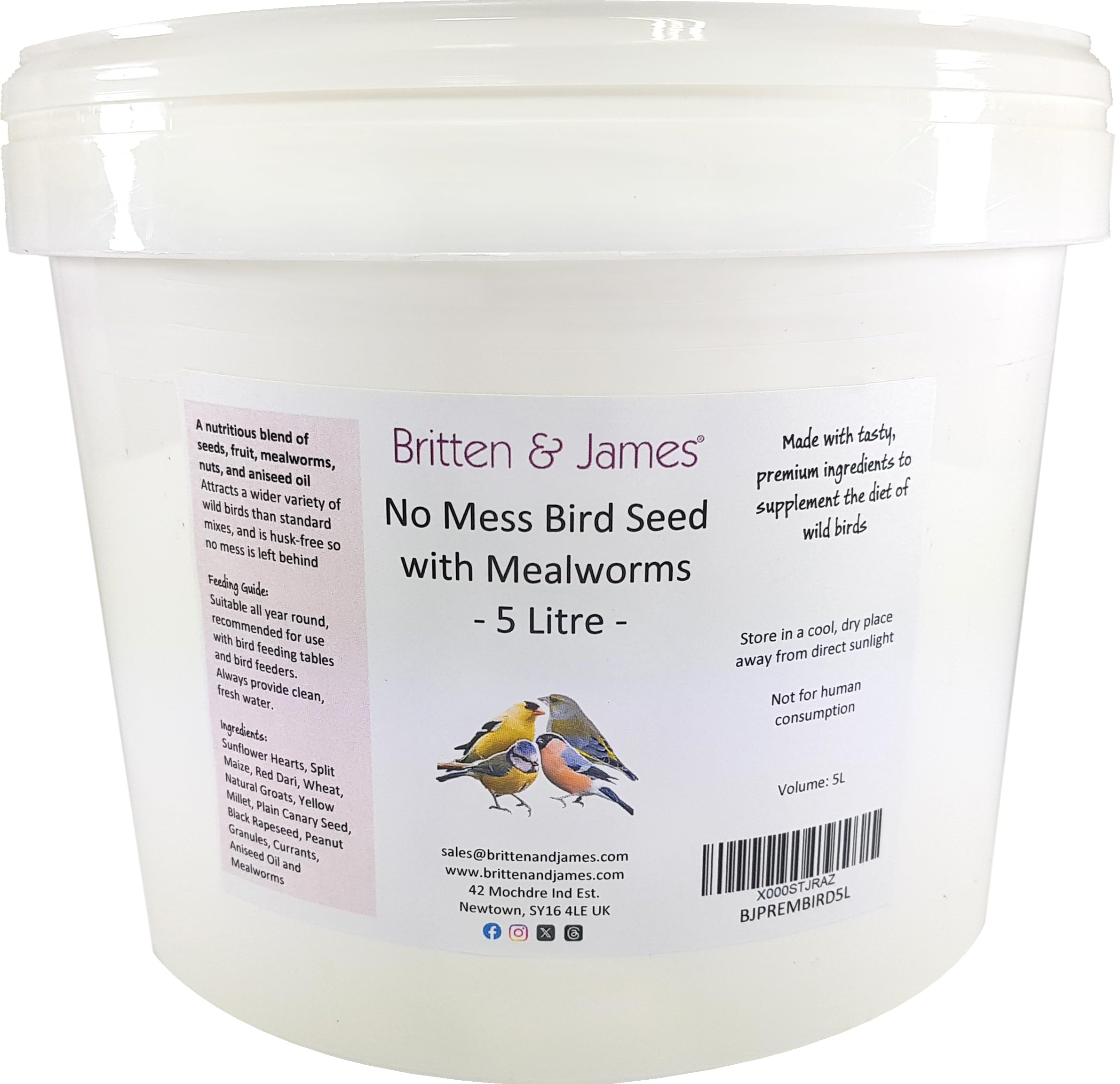 Britten & James No Mess Wild Bird Seed with Added Mealworms 5L Tub (3.6kg). A Natural High Protein Energy Boost for Wild Birds