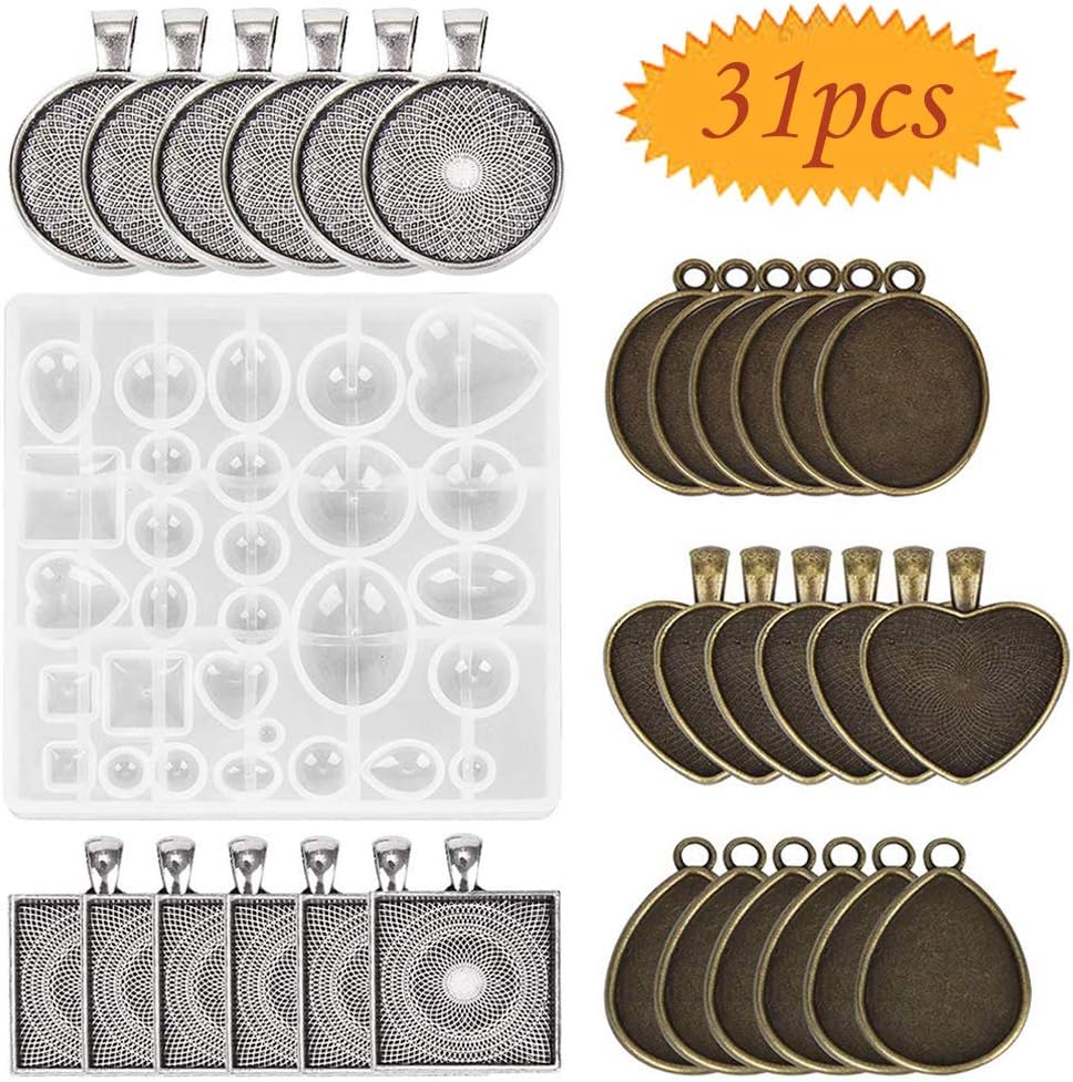 Pendant Trays, bluesees 30 Pieces 5 Styles Pendant Blanks Round & Square & Heart & Teardrop & Oval and 1PC Resin Mold for Craft DIY Jewelry Gift Making