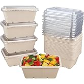 JAYEEY 30 oz Rectangle Disposable bowls with clear lids,Sugarcane Fiber Bowls take away food containers Plant Fibers 50 PACK