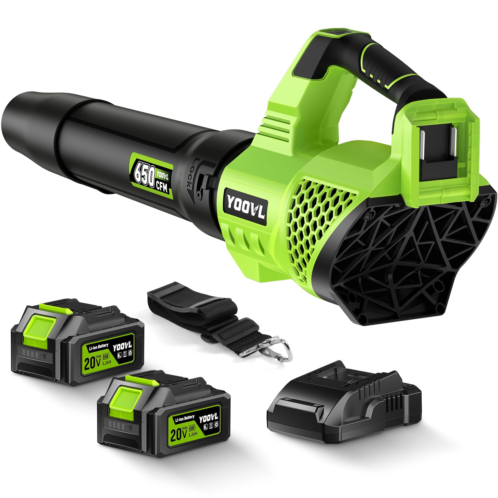 Photo 1 of Leaf Blower Cordless, 650CFM Electric Leaf Blowers with 2 x 5.2Ah Batteries and Charger, 3 Speed Modes, 1 x Adjustable Shoulder Strap, Powerful Blowers for Lawn Care, Patio, Dust, Blowing Leaves