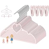Kids Pink Velvet Clips Hangers - 13inch 50 Pack Baby Hanger with 20pcs Movable Clips, Stackable Non-Slip Heart Flocked Hangers Fit for Children and Toddler, Heavy-Duty and Space-Saving(Silver)