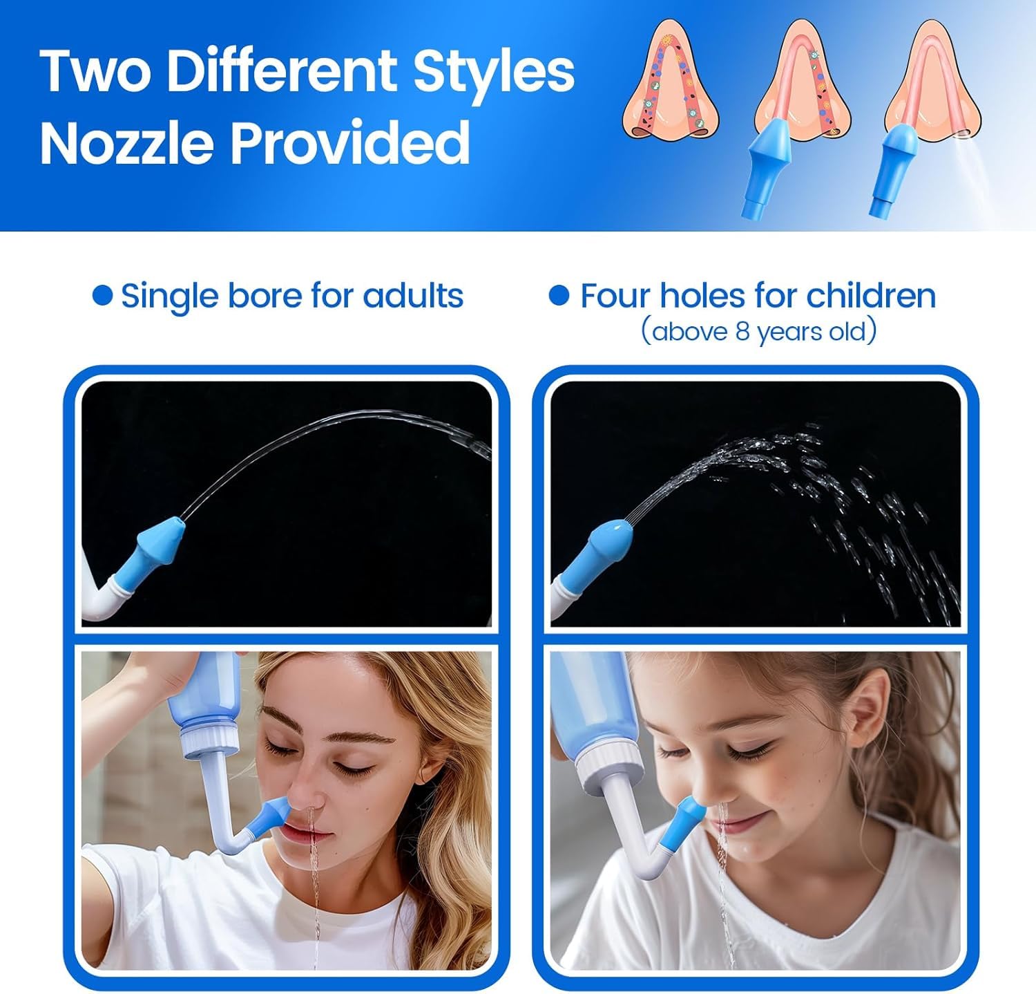 CYOUH Neti Pot Sinus Rinse Bottle 260 ML with 60 Nasal Wash Salt Packets and Sticker Thermometer Nose Wash Cleaner Pressure Rinse Nasal Irrigation for Adult & Kid BPA Free (Blue)