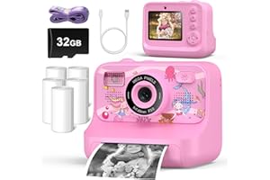 Kids Printing Camera for Age 3-12 Girls Boys 1080P Selfie HD Digital Video Cameras with 5 Print Paper & 32G Card Toddler Port