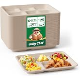 Compostable 5 Compartment 10*8.25*1 Inch 125 Pack Heavy Duty Paper Plates | Small Divided Disposable Plates White Eco-Friendly Biodegradable Food Trays for School Lunch Dinner