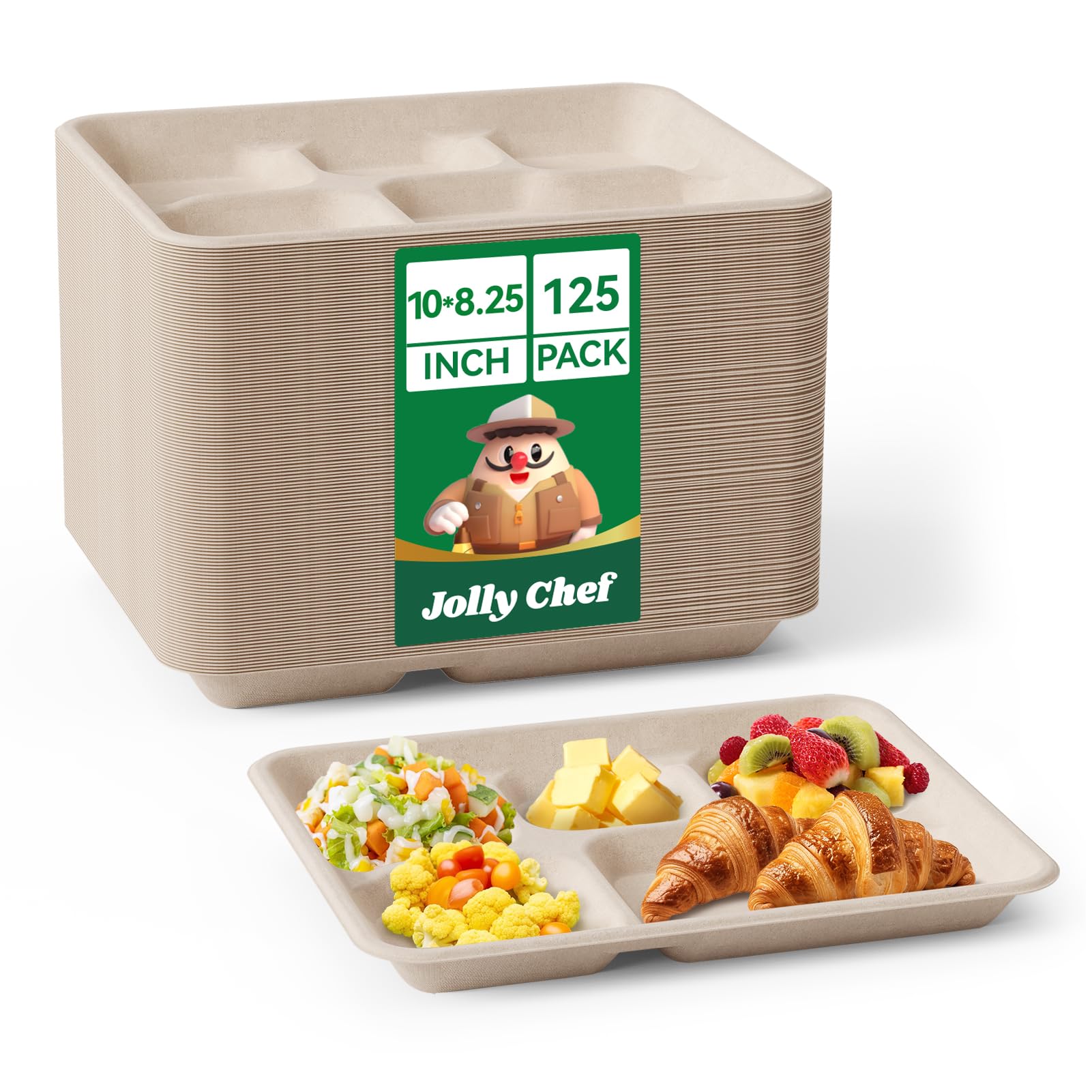 Photo 1 of JOLLY CHEF Compostable 5 Compartment Paper Plates 10 * 8.25 * 1 inch [125 Pack] Small Heavy Duty Divided Disposable Eco-Friendly Biodegradable Containers Food Trays for School Lunch (Brown)