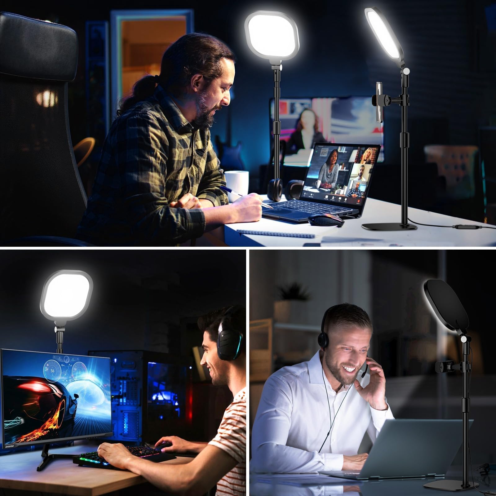 Schreibtischlampe LED für Videokonferenz, LitONES Dimmbar Tisch Ringlicht mit Stativ Handy - 3 Lichtfarben + 10 Helligkeiten, CRI 97.8 Augenschutz Bürolampe für Home-Office, Streaming, Webcam, Laptop 8