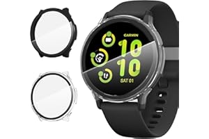 Suoman 2 Pack for Garmin vivoactive 5 Smartwatch Case, 9H Tempered Glass Screen Protector+ Charger Port, All-coverage PC Protective Cover Bumper (Black+Clear)