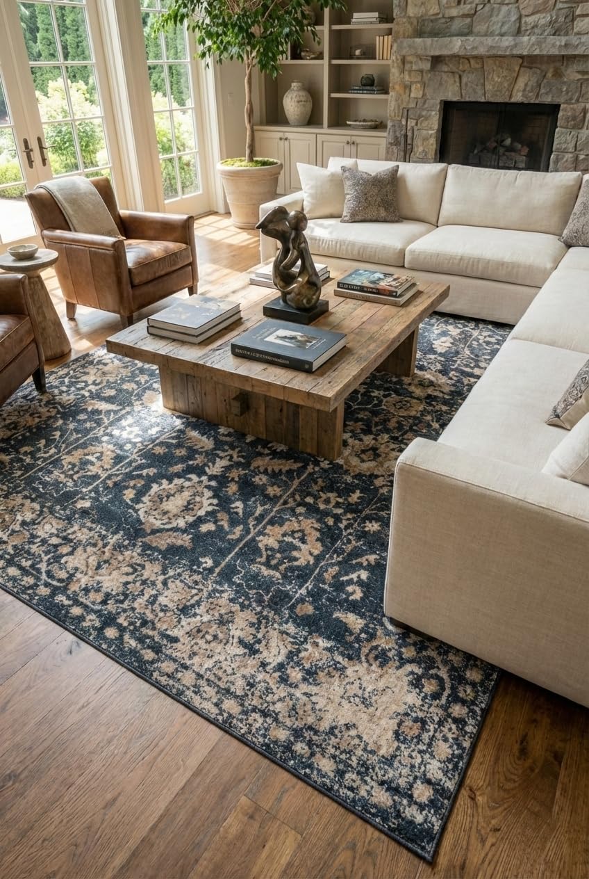 Rugs.com Oregon Collection Rug – 8' x 10' Blue Low-Pile Rug Perfect for Living Rooms, Large Dining Rooms, Open Floorplans