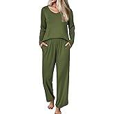 Ekouaer Womens Pajama Set Ribbed Knit PJs 2 Piece Lounge Set Long Sleeve Top and Pants Comfy Sleepwear with Pockets