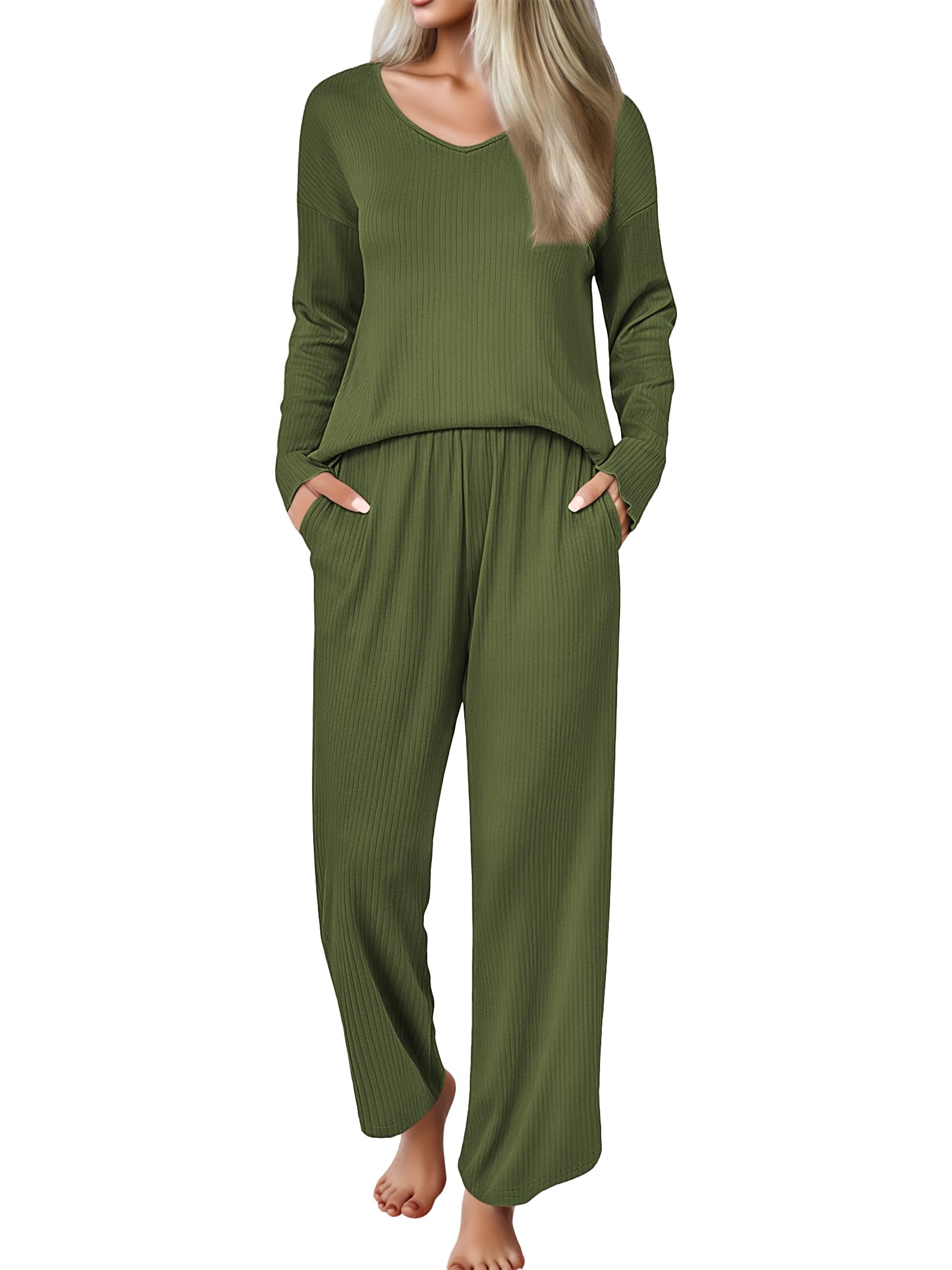 Photo 1 of Ekouaer Womens Pajama Set Ribbed Knit Pjs 2 Piece Lounge Set Long Sleeve Top and Pants Comfy Sleepwear with Pockets Army Green