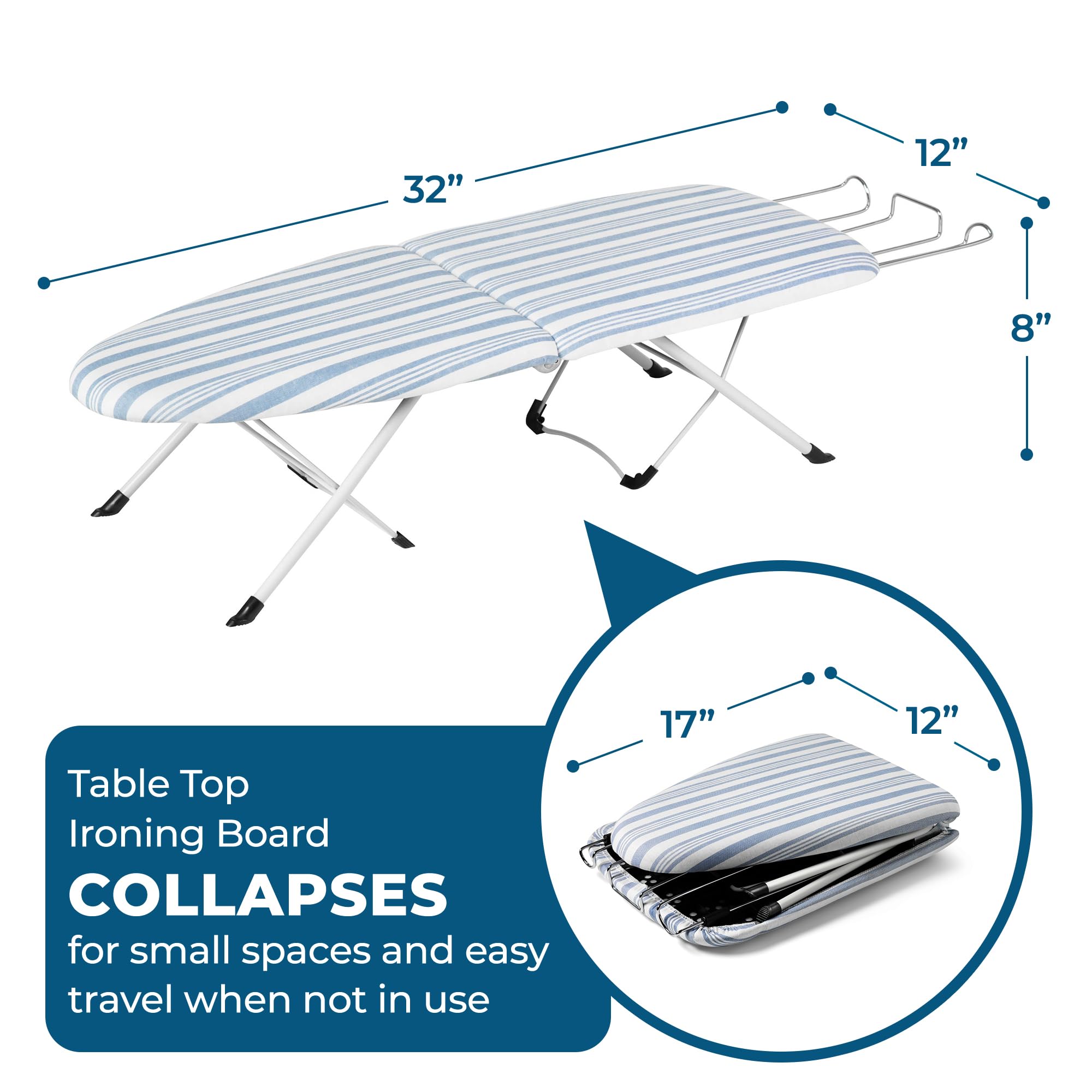Honey-Can-Do Folding Tabletop Ironing Board with Iron Rest, Blue, 32” L x 12” W, Steel Frame