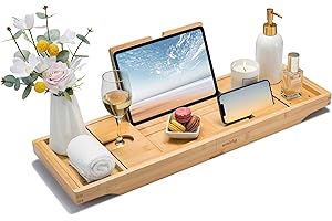 SMIRLY Bathtub Tray Caddy - Expandable Bamboo Bath Tray, Bathtub Accessory, House Warming Gifts New Home, Wedding Gifts for Couple, Birthday Gifts for Women.
