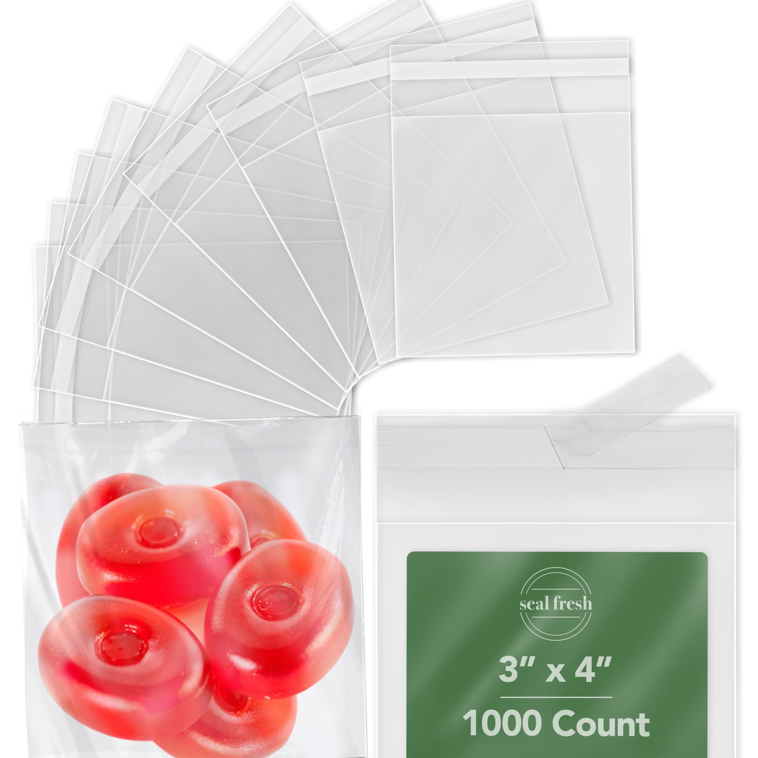 Photo 1 of Seal Fresh 3 x 4 Inch Cellophane Bags 1000 Pack — Clear Self-Sealing Resealable Treat Bags for Candy, Chocolates, Small Cookies, Party Favors, Gift Packaging