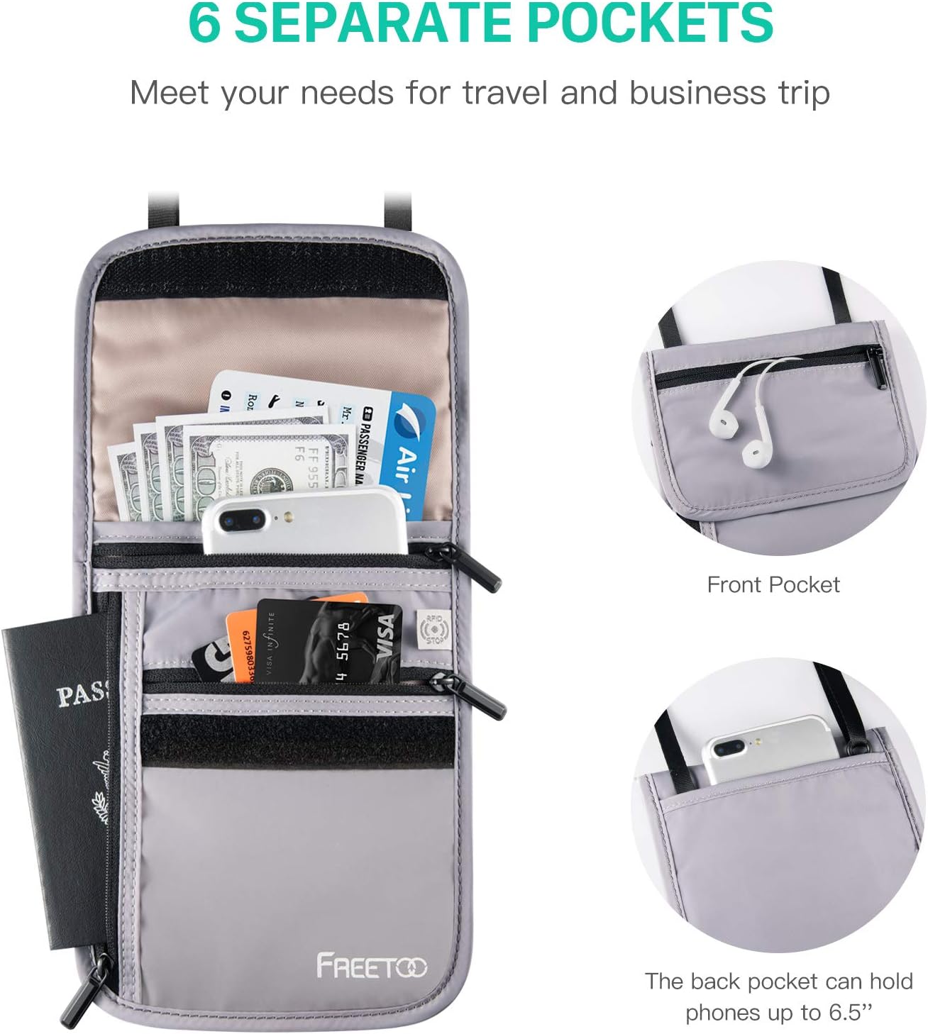 FREETOO Travel Neck Wallet Neck Pouch with RFID Blocking, Passport Holder Family Anti-Theft Hidden Passport Wallet for Men Women to Keep Your Passport Document and Credit Card Safe: Sports & Outdoors