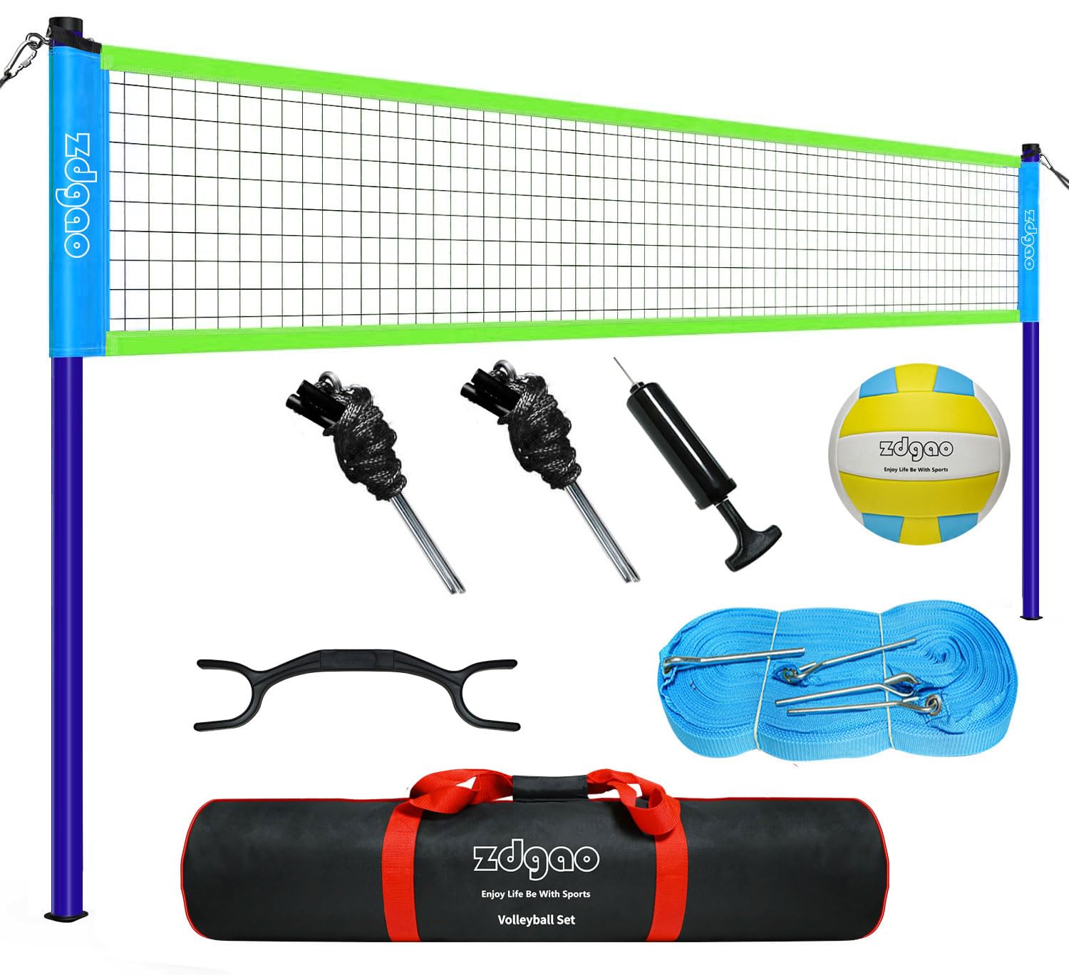 Volleyball Net Outdoor - Portable Volleyball Set for Backyard with Professional Volleyball Net, Wrap Yarn Volleyball and Pump, Boundary Line, Carry Bag (Classic Blue-Green) Image