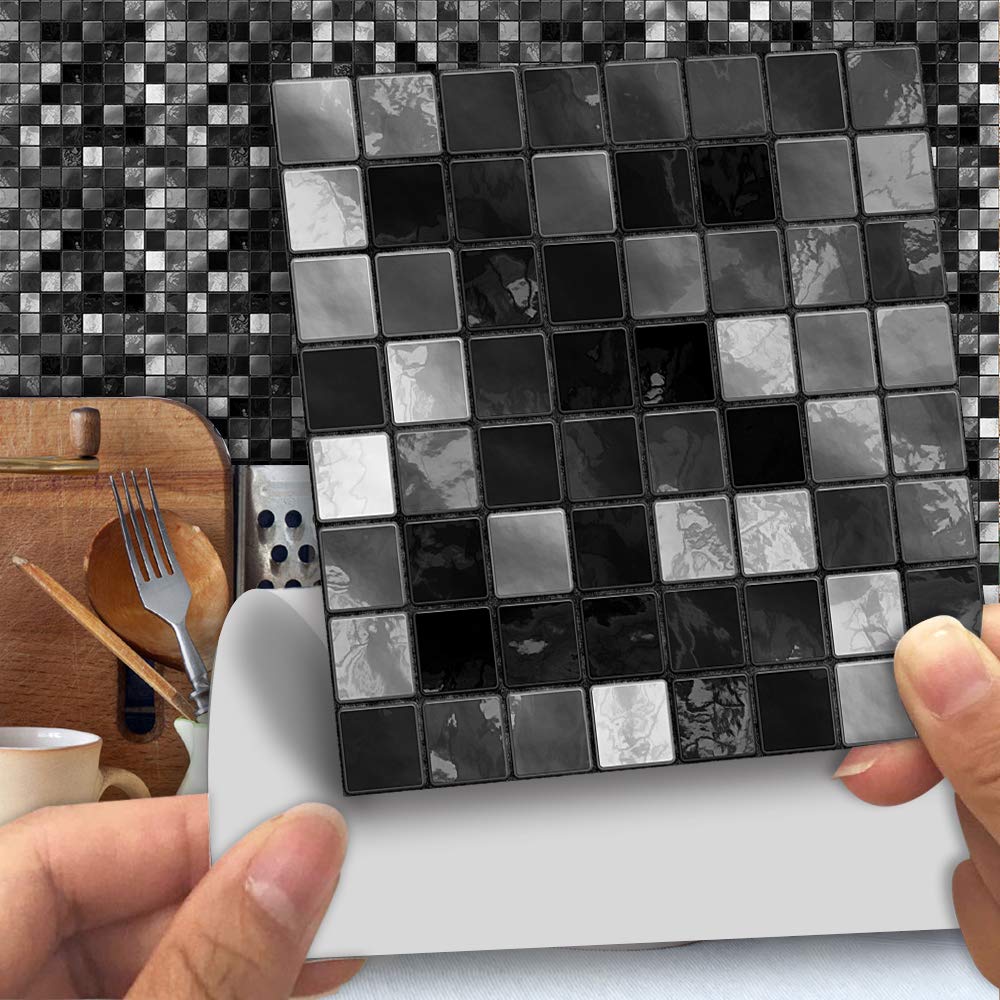 Alwayspon Wall Tile Transfers Sticker for Home Decor, Peel & Stick self-Adhesive splashback, Tile Decals for Living Room Kitchen Bathroom Wall Decor, 25 Pieces Glitter Black Tile Stickers