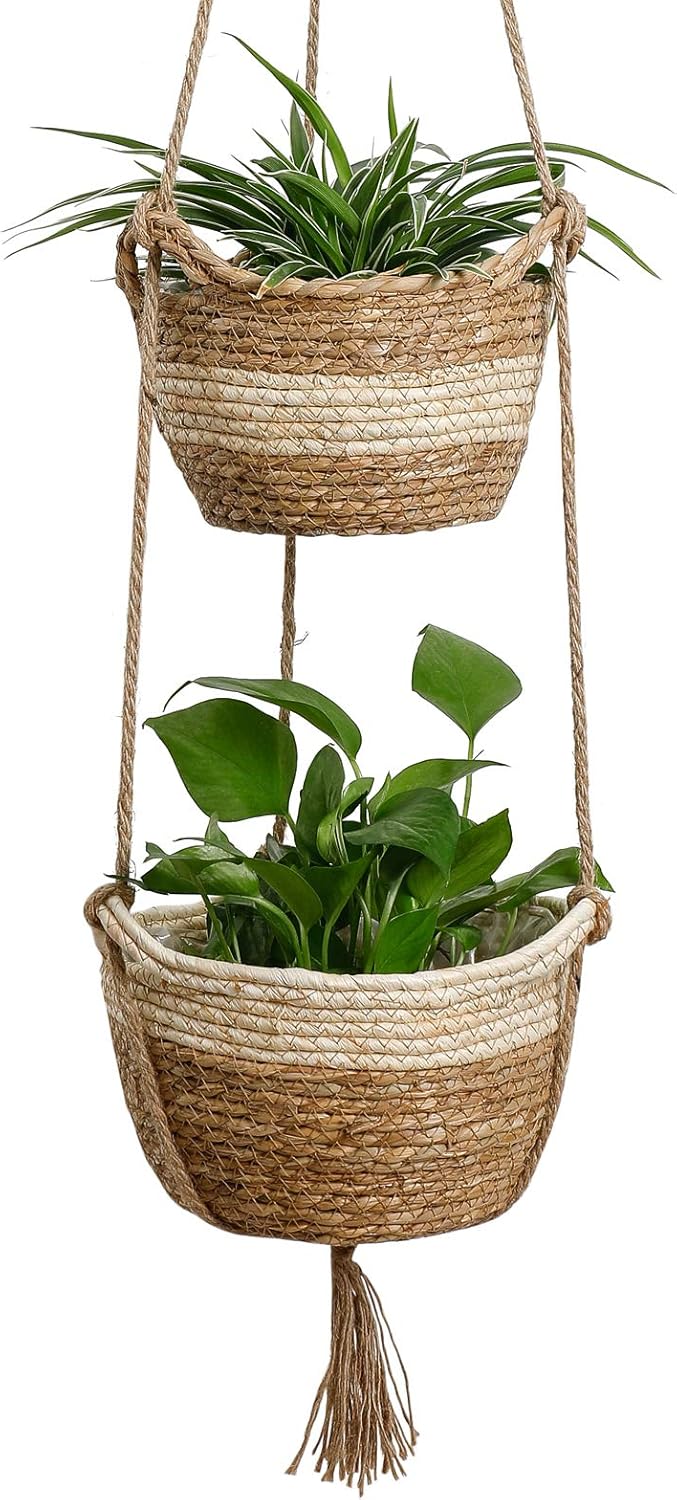 Seagrass Hanging Planters Basket Indoor - Hanging Two Layers Natural Seagrass Basket Flower Pot Holder Containers Storage Organizer with Waterproof Plastic Liner, 53 Inch Long (Brown&Beige): Garden & Outdoor