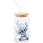 Silver Buffalo Disney Lilo and Stitch Sitting Glass Jar Tumbler with Bamboo Lid and Glass Straw, 16 Ounces