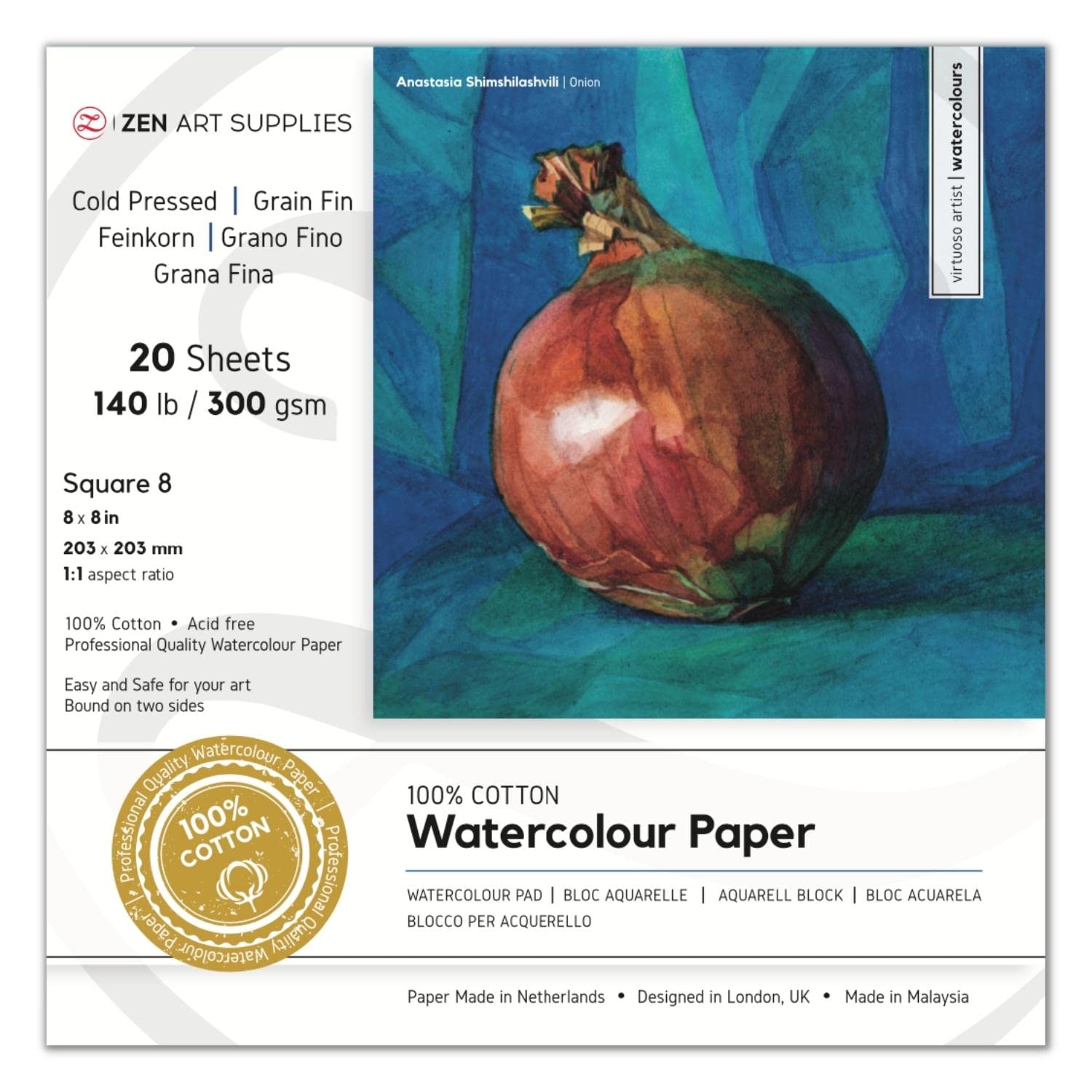 ZenART 100% Cotton Watercolour Paper 140 lb - 8x8 inches 20 Sheet Cold Press Acid-Free Travel Block 2-Side Bound - for Watercolor, Gouache, Ink, Acrylic and Mixed Media
