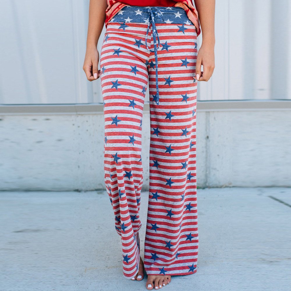 Masun Womens Drawstring Trousers American Flag Wide Leg Pants Leggings Bottoms Pants Soft Lounge Pants S-XL (S, Red)