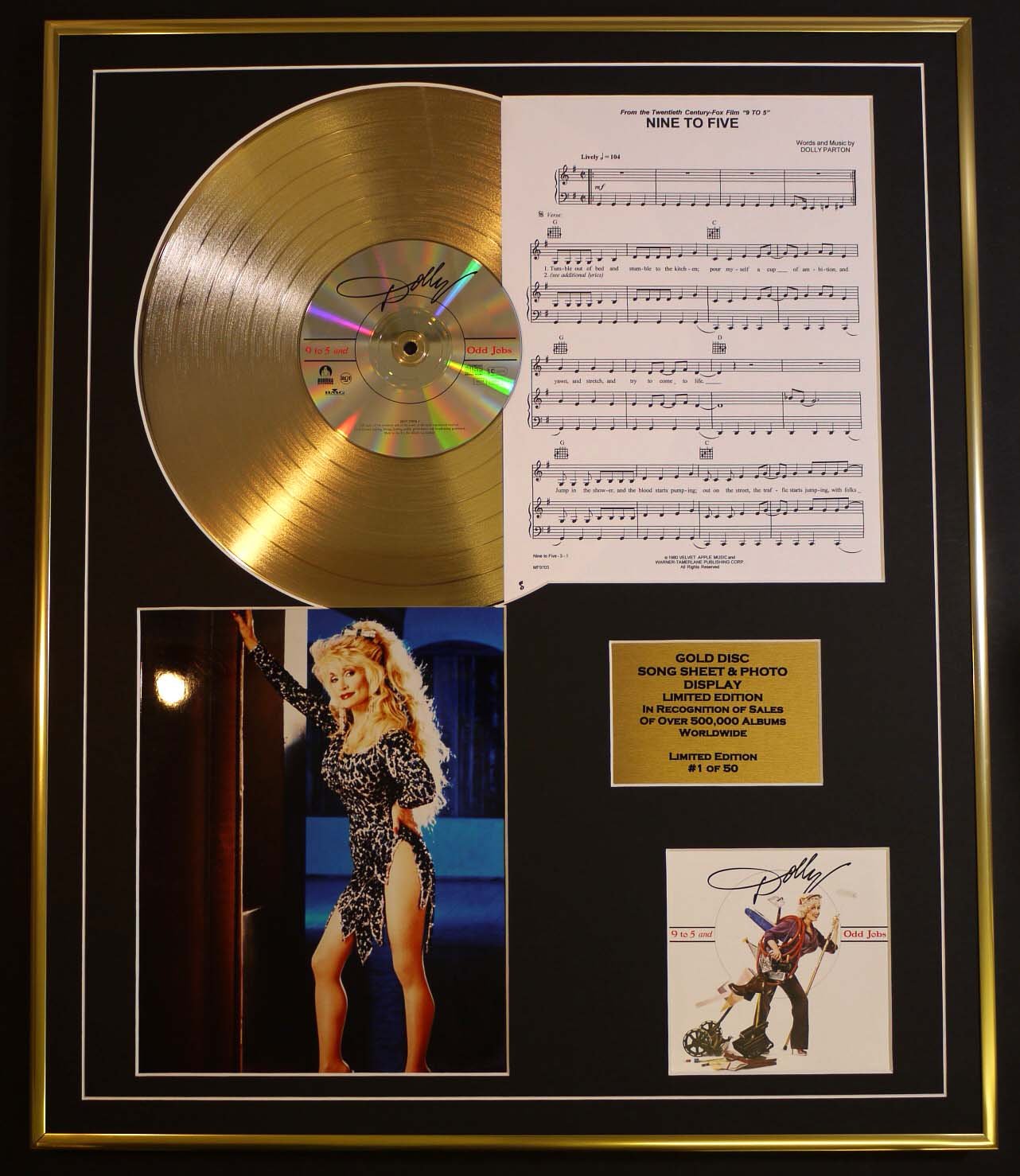 DOLLY PARTON/CD GOLD DISC, SONG SHEET & PHOTO DISPLAY/LTD. EDITION/COA/ALBUM, 9-5 & ODD JOBS/SONG SHEET, NINE TO FIVE