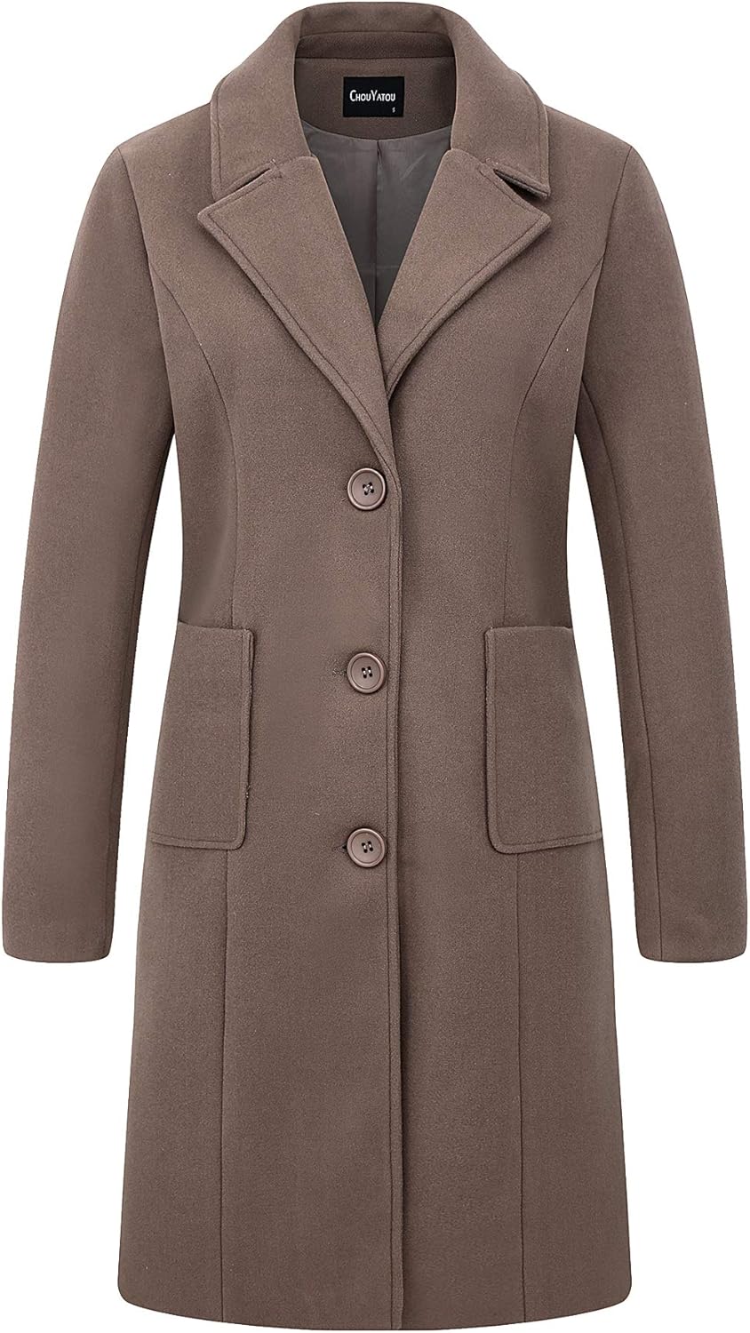 chouyatou Women's Big Notch Lapel Single Breasted Mid-Long Wool Blend Coat