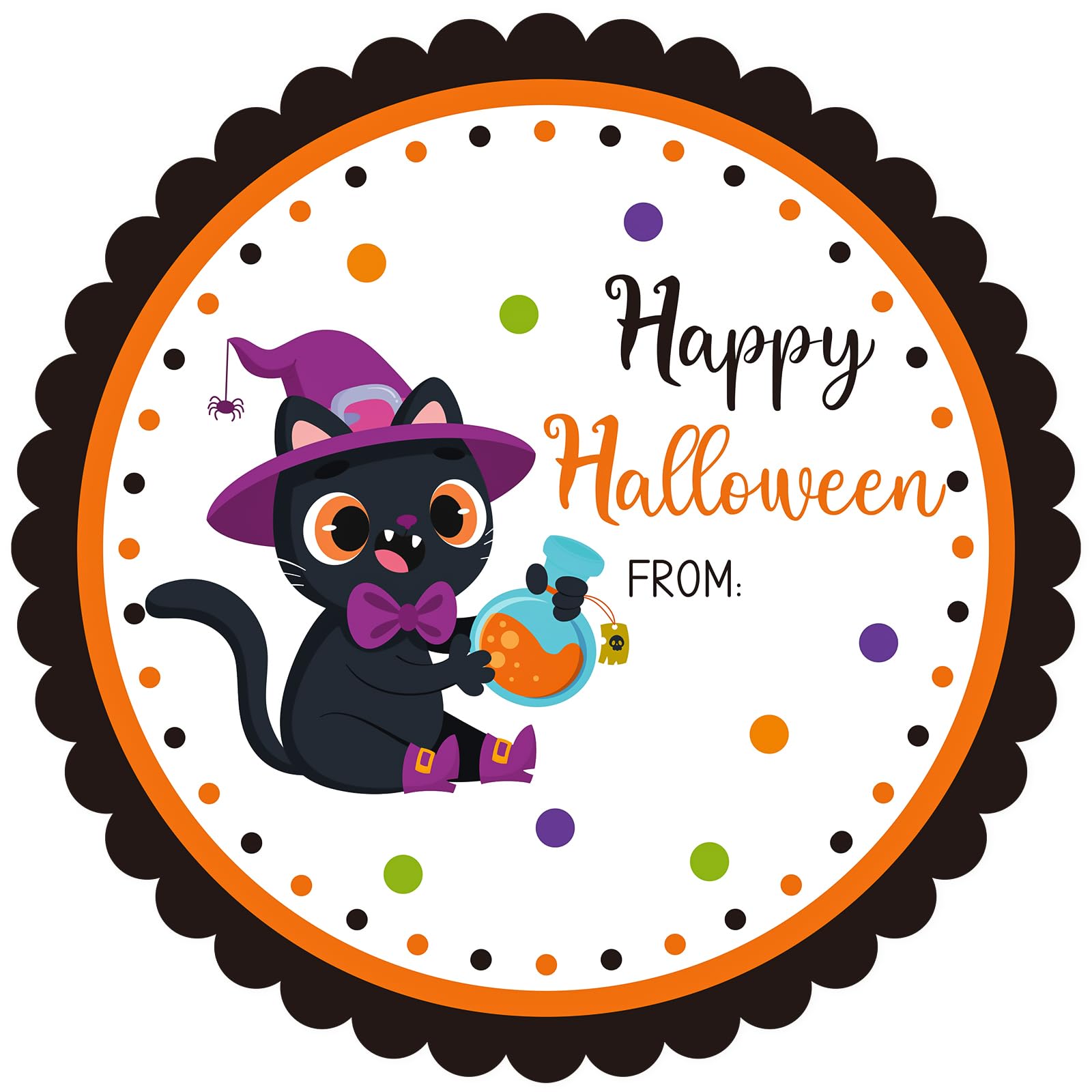 Photo 1 of 108 PCS Happy Halloween Stickers 2 Inch Self Adhesive Name Label Stickers Halloween Black Cat Design Round Spooky Name Tag Sticker for Gift Wrapping Candy Bags Envelope Seals Party Favors