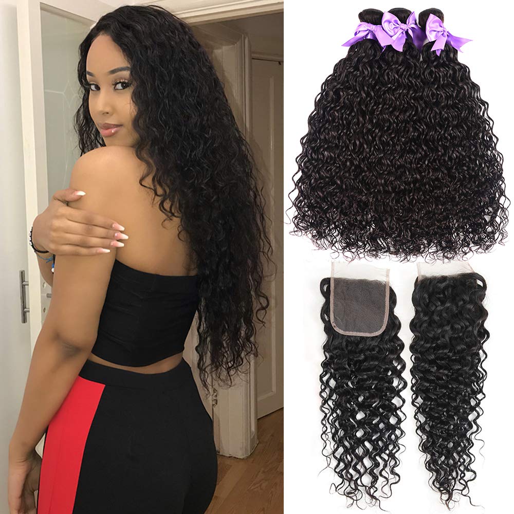 Wet and Wavy Bundles With Closure Water Wave 100% Human Hair Bundles With Closure Free Part 8A Unprocessed Virgin Brazilian Hair Ocean Wave Human Hair Extensions No Shedding Laritaiya (12 14 16+10)