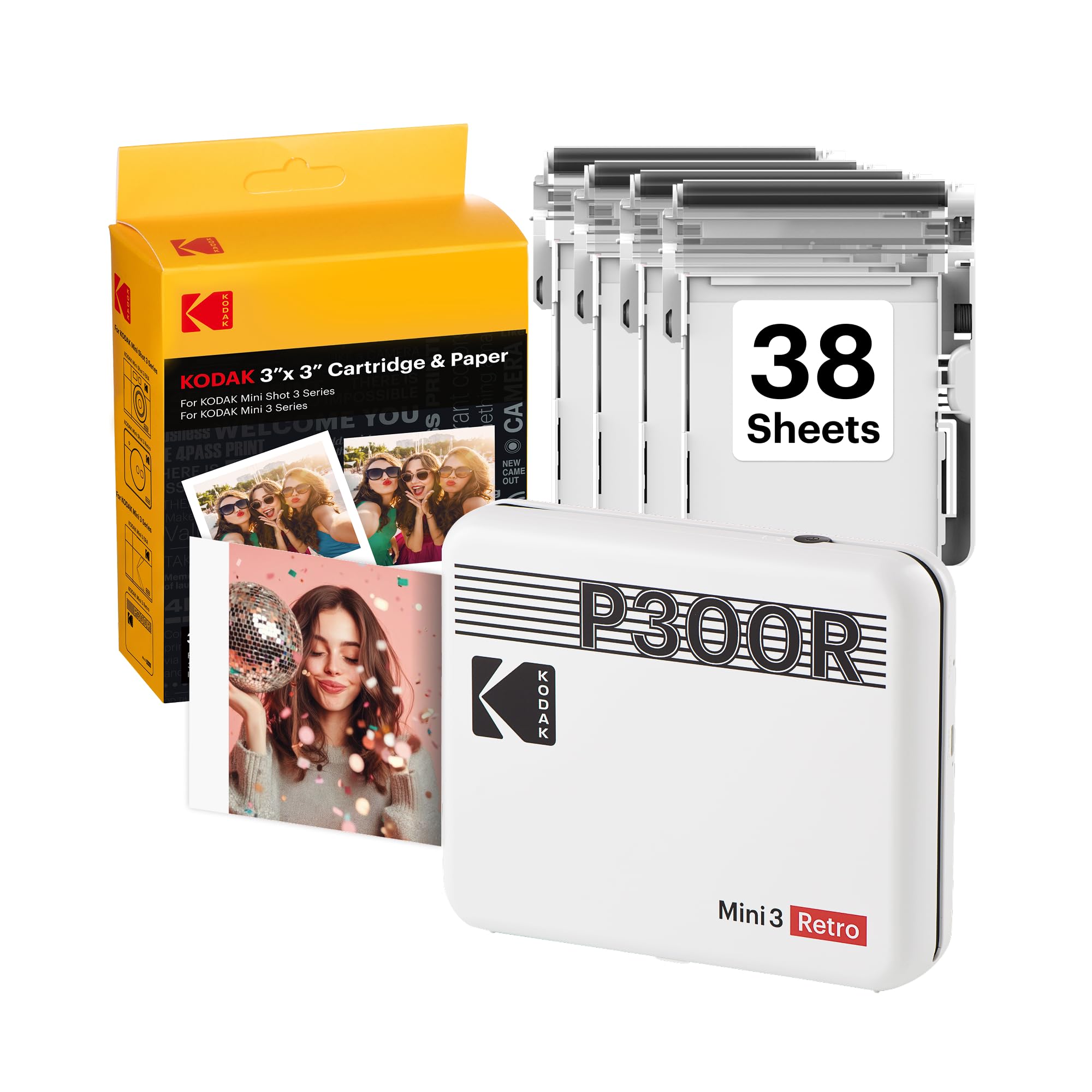 Impresora fotográfica portátil KODAK Mini 3 Retro 3x3, 4PASS, 38 hojas, color blanco