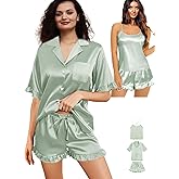 WJing Yi Jia 3Pcs Womens Ruffle Satin Pajama Sets XS-4XL Silk Pajamas Set Sexy Cami Tops Silky Pj Sets Sleepwear Nightwear