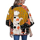 LAI MENG FIVE CATS Women's Funny Cute Cat Cardigan Lightweight Kimono Loose Cover up Blouse Tops
