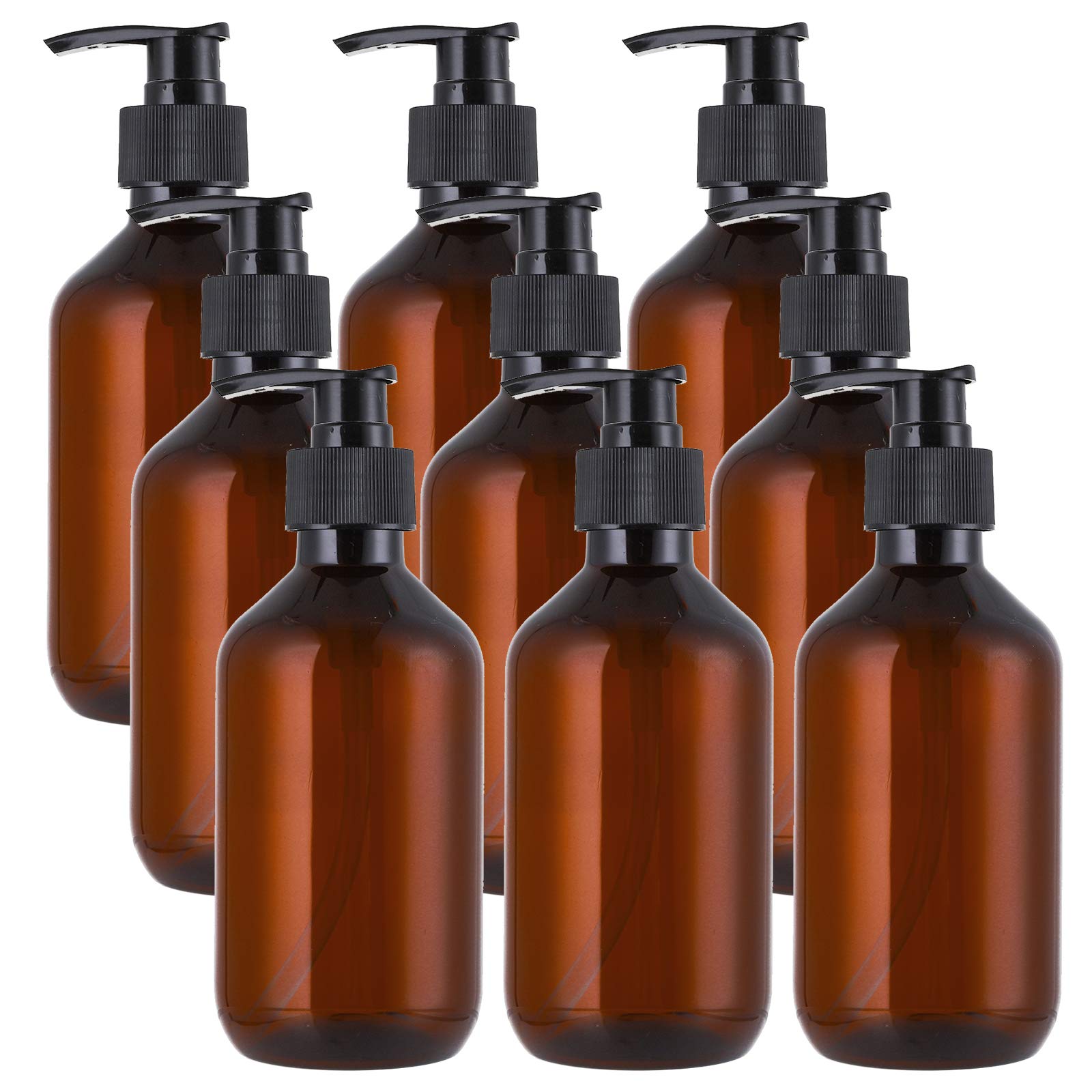 Jucoan 9 Pack 300ml Empty Plastic Pump Bottles, Amber Lotion Soap Dispenser Refillable Containers for Shampoo Conditioner Wash Shower