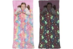 DECMAY Sleeping Bag for Kids Toddler Nap Mat 63" x 30" Toddler Slumber Bag Glow in The Dark Blanket Fluffy with Padded Mat for Boys, Girls,Grey Space/Pink Unicorn/Rainbow Unicorn