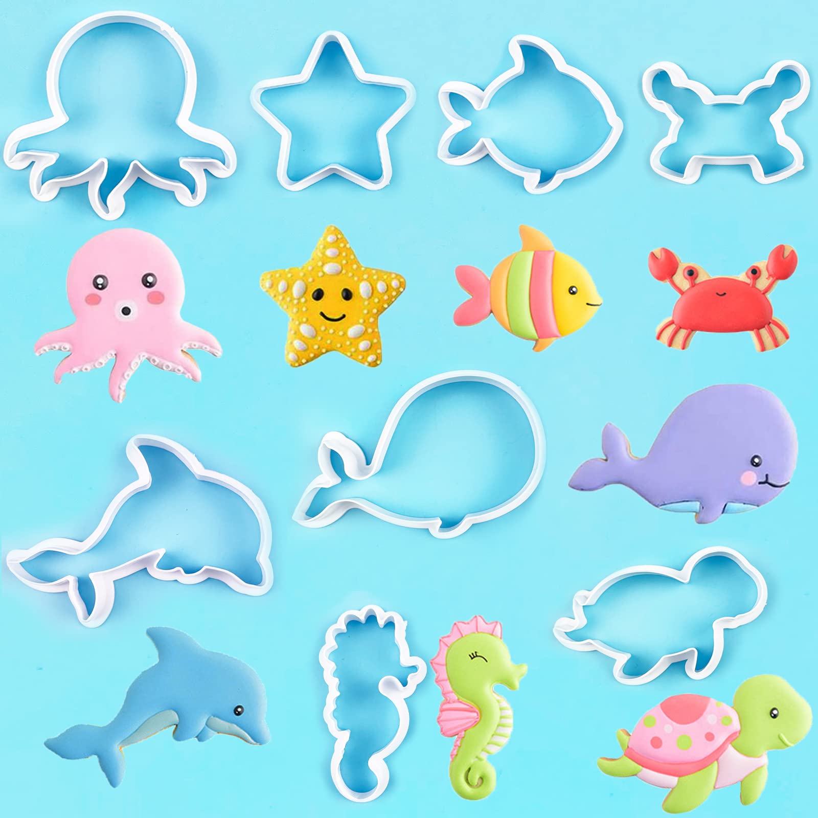 8Pcs Under Sea Cookies Cutter Animal Biscuit Cake Decorating Mould Fish Seahorse Whale Dolphin Octopus Pastry Chocolate Dessert Baking Moulds Sugar Craft Tool