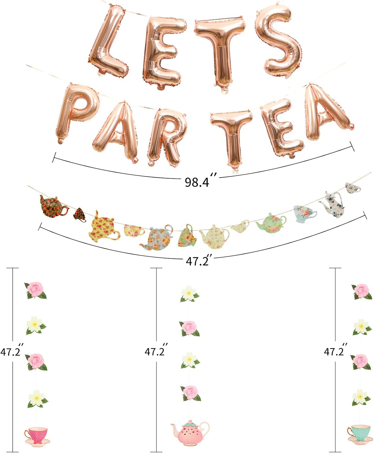 Tea Party Decorations Let's Par Tea Balloons/Teapots Teacups Tea Party Banner/Aluminum Foil Balloons/Floral Tea Party Hanging Decors for Bridal Shower Engagement Bachelorette Birthday Party Supplies: Toys & Games