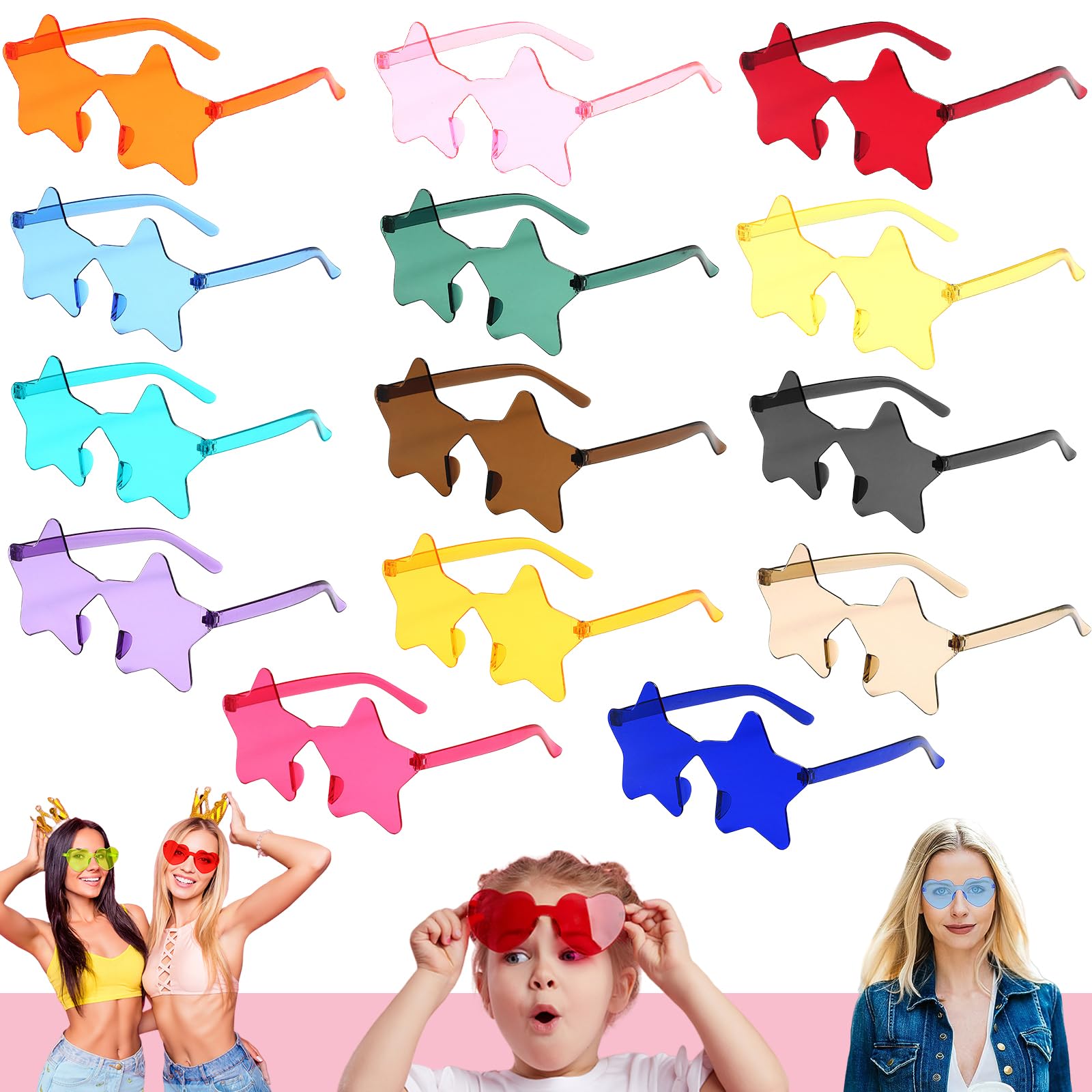 YAAVAAW 14Pcs Frameless Star Shaped Sunglasses Party Glasses, Festival Glasses Funky Hippie Colored Rimless Bulk for Kids Adults Bachelorette Fancy Dress Costume Photo Props Eyewear