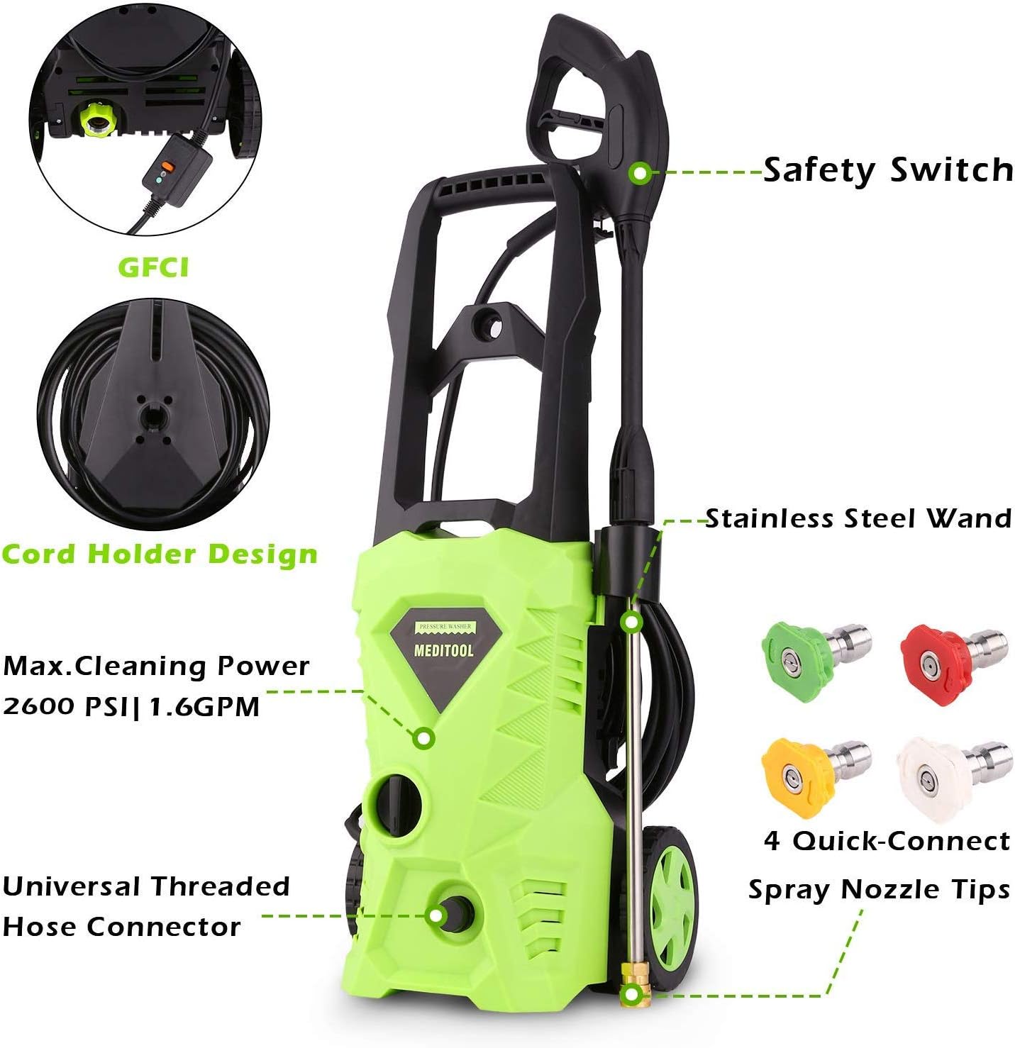 Homdox 2500 PSI, 1.5GPM Pressure Washer Electric Power Washer With 4 Nozzles, Longer Cables and Hoses, for Cleaning Cars, Driveways, Garden (Green) : Garden & Outdoor