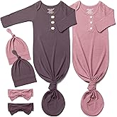 Baby Noah Newborn Knotted Gown Set with Hat and Headband, Soft Tie Bottom Newborn Sleepers for Baby Girl Boy (2 Packs)