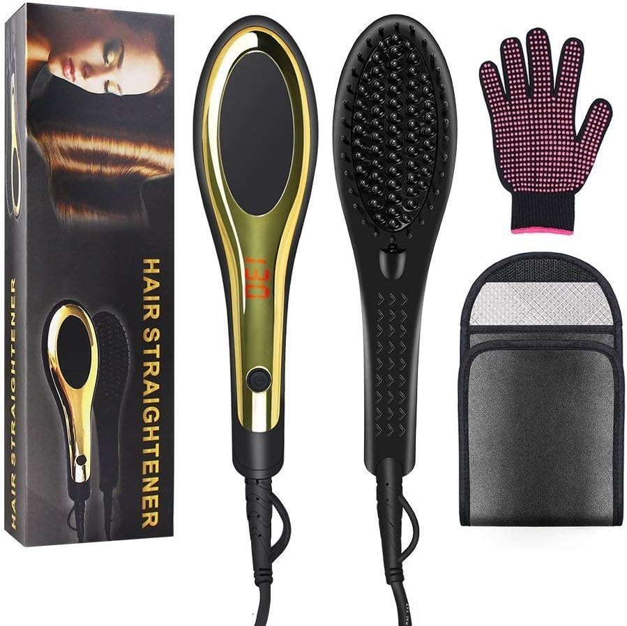 Priksia Hair Straightener Brush Ceramic Heating Hair Straightening Irons brush Anti Scald,Static, Detangling and Silky Straight (Black)