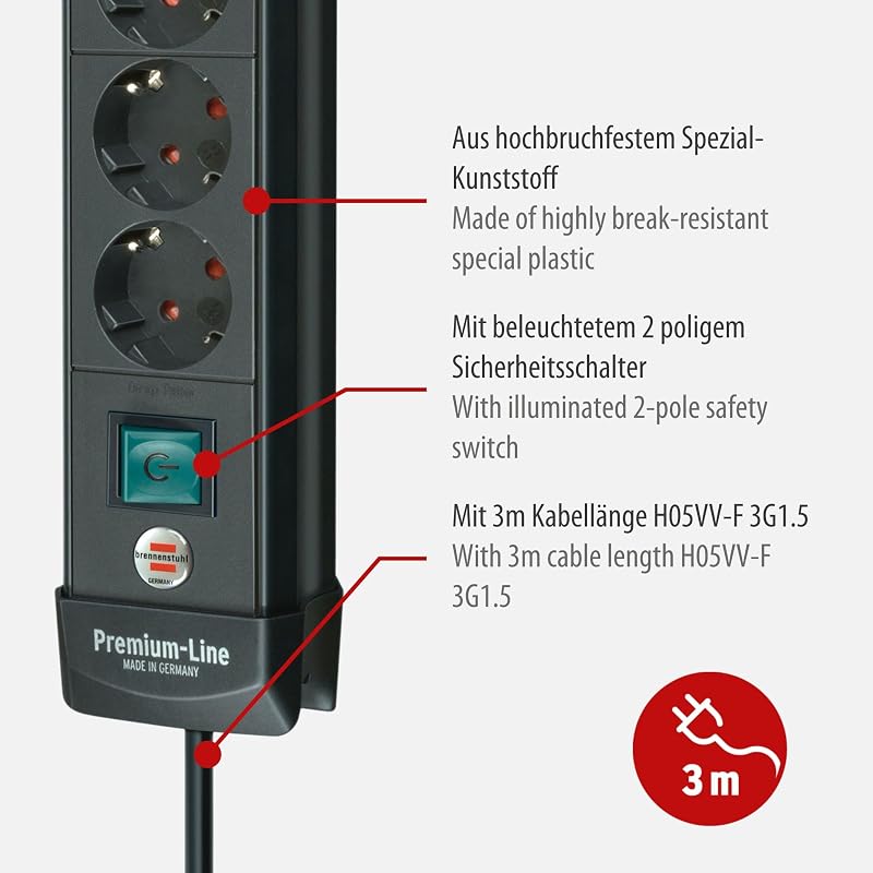 Premium-Line regleta de enchufes con 10 Tomas de Corriente (Cable de 3m, con Interruptor, Fabricado en Alemania) Negro