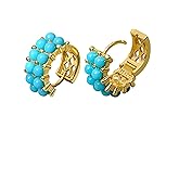 Simulated Turquoise Huggie Hoops Earrings For Women-Small Gold Plated, Boho Unique Dainty Everyday Wear