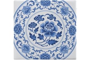 MUSM Square Memory Foam Chair Cushion 13.8"x15" - Removable Washable Cover with Invisible Zipper, Blue White Porcelain Seat C