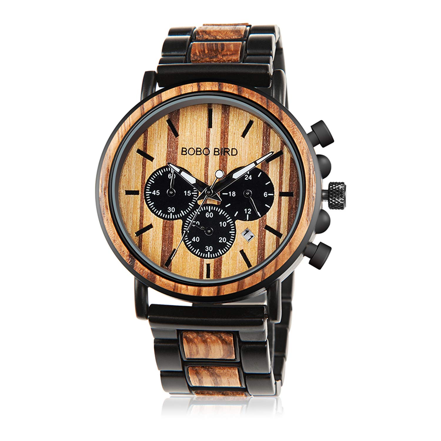 Wooden Mens Watches Classic Stylish Wood & Stainless Steel Combined Chronograph Military Quartz Sports Casual Wristwatches, Black
